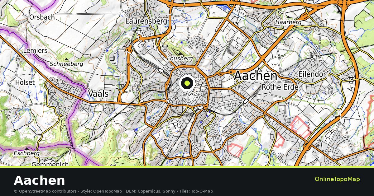 Topographic map of Aachen with contour lines and hillshading