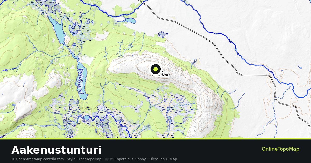 Topographic map of Aakenustunturi with contour lines and hillshading