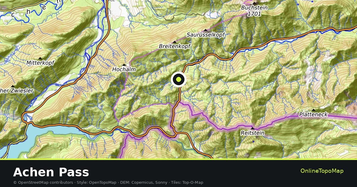Topographic map of Achen Pass with contour lines and hillshading