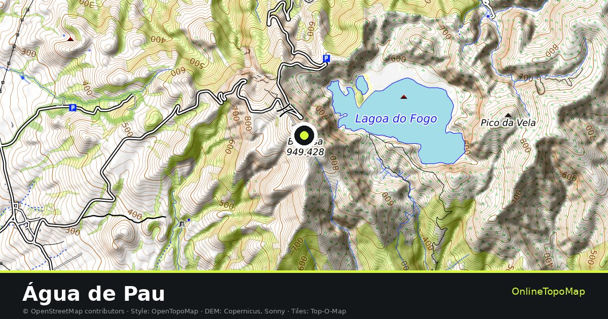 Topographic map of Água de Pau with contour lines and hillshading