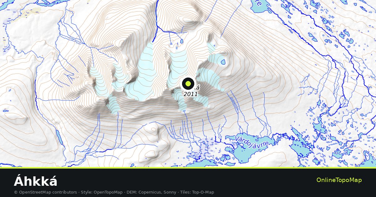 Topographic map of Áhkká with contour lines and hillshading