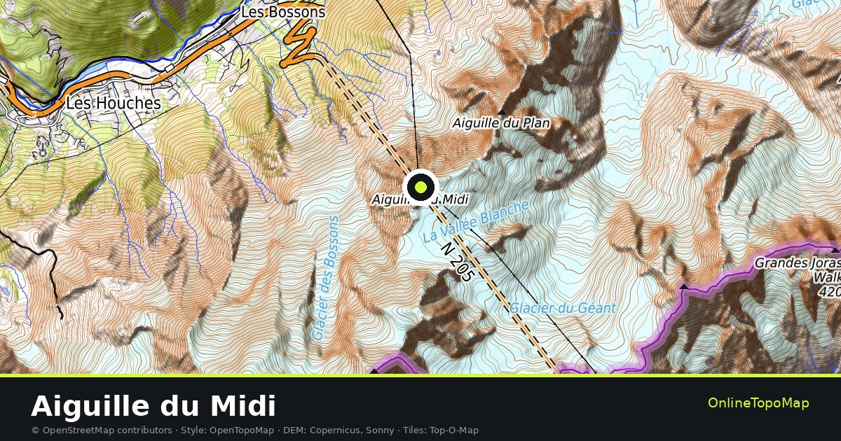 Topographic map of Aiguille du Midi with contour lines and hillshading