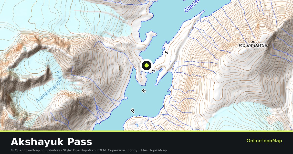 Topographic map of Akshayuk Pass with contour lines and hillshading