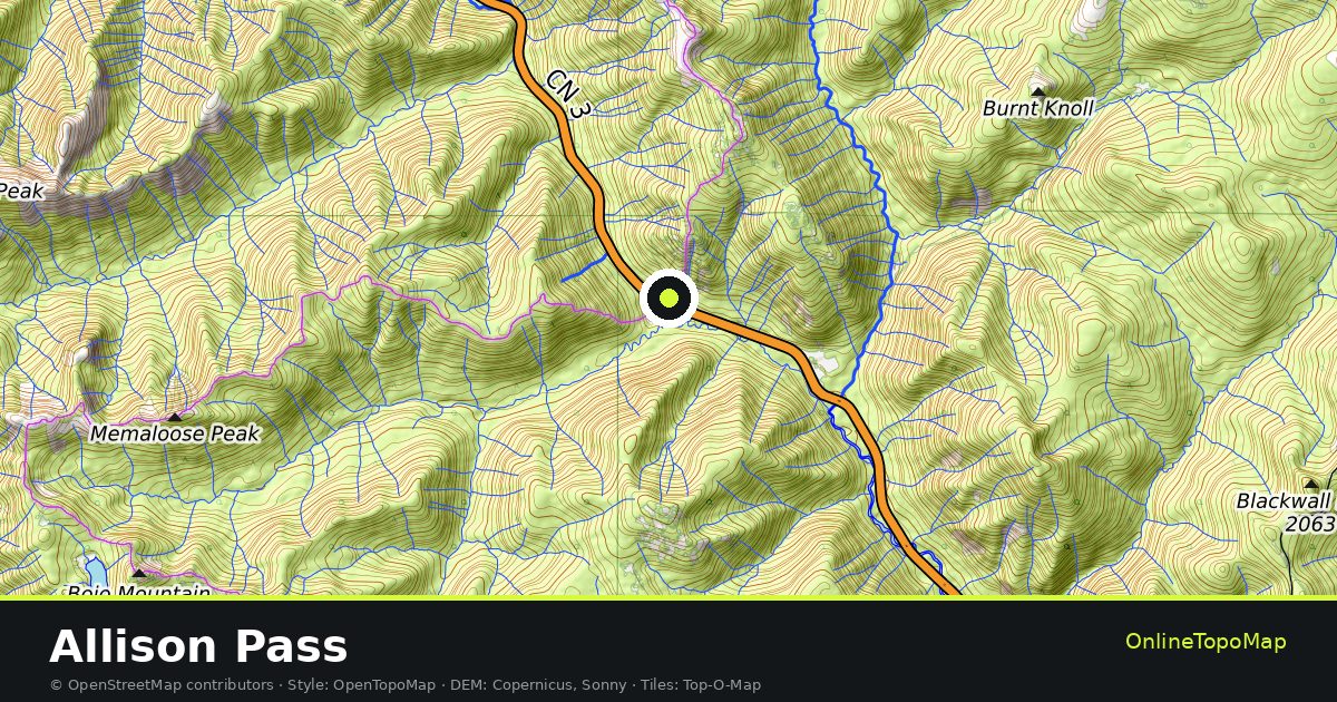 Topographic map of Allison Pass with contour lines and hillshading