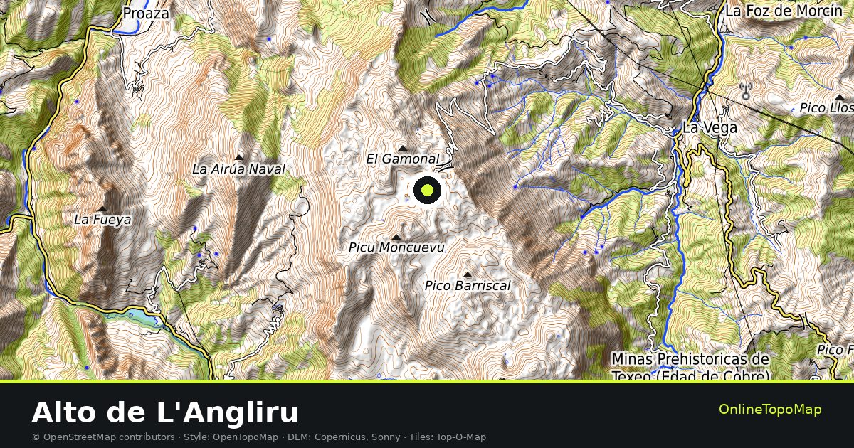 Topographic map of Alto de L'Angliru with contour lines and hillshading