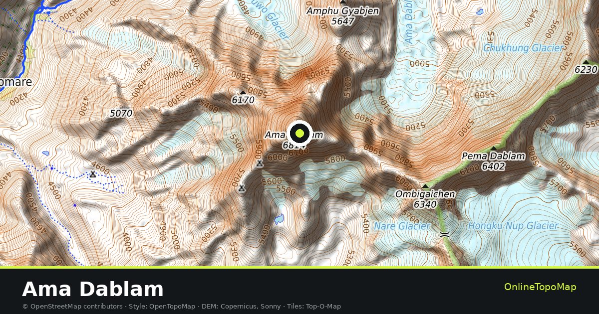 Topographic map of Ama Dablam with contour lines and hillshading