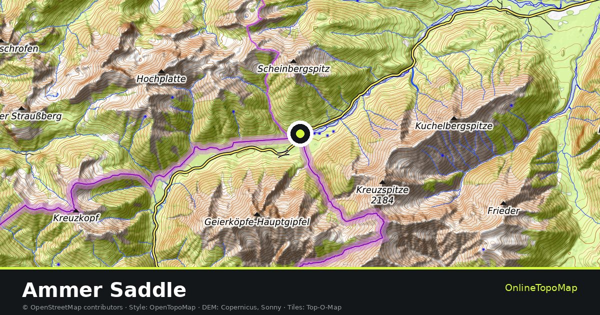 Topographic map of Ammer Saddle with contour lines and hillshading