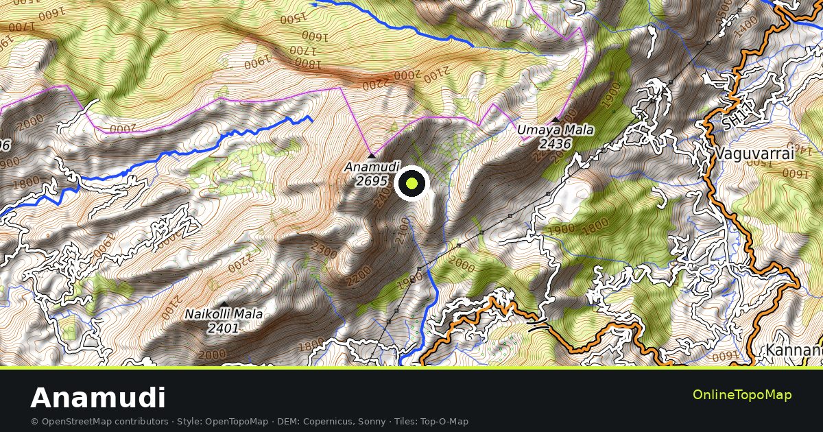 Topographic map of Anamudi with contour lines and hillshading