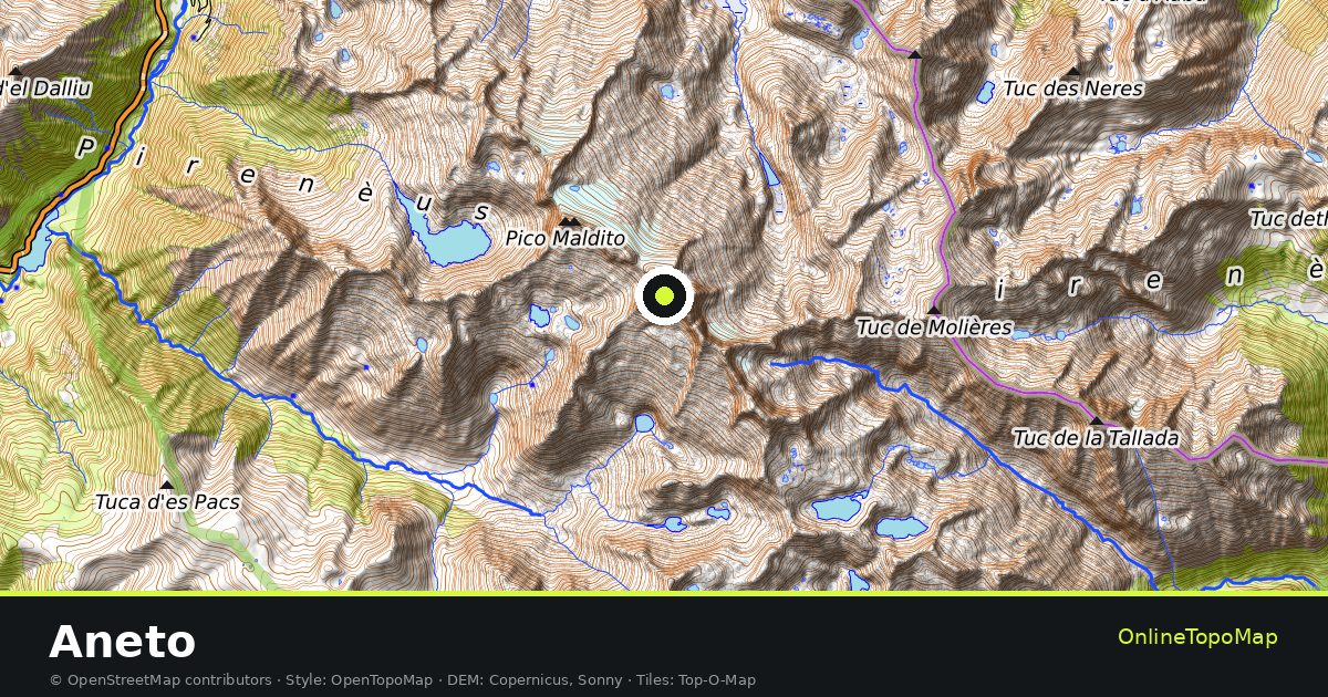 Topographic map of Aneto with contour lines and hillshading