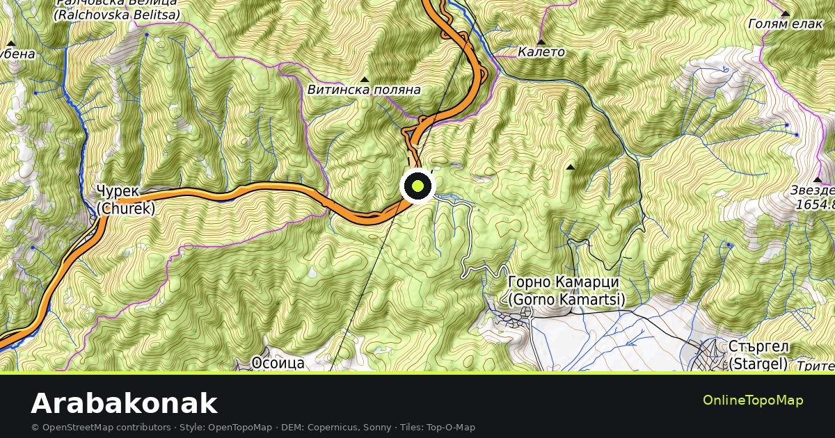 Topographic map of Arabakonak with contour lines and hillshading