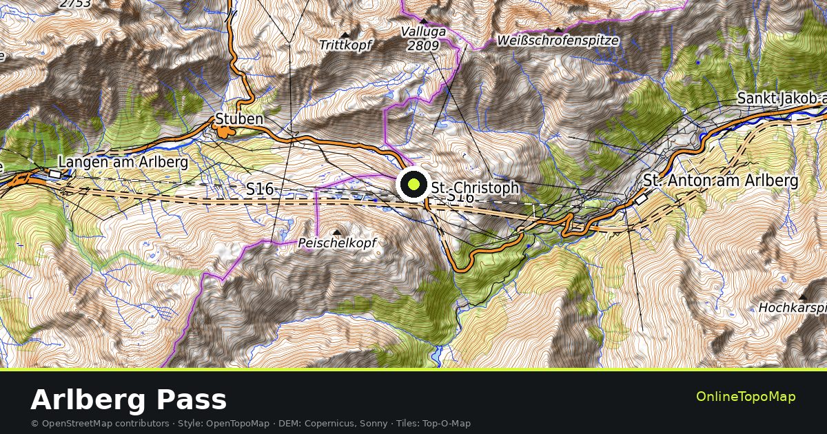 Topographic map of Arlberg Pass with contour lines and hillshading