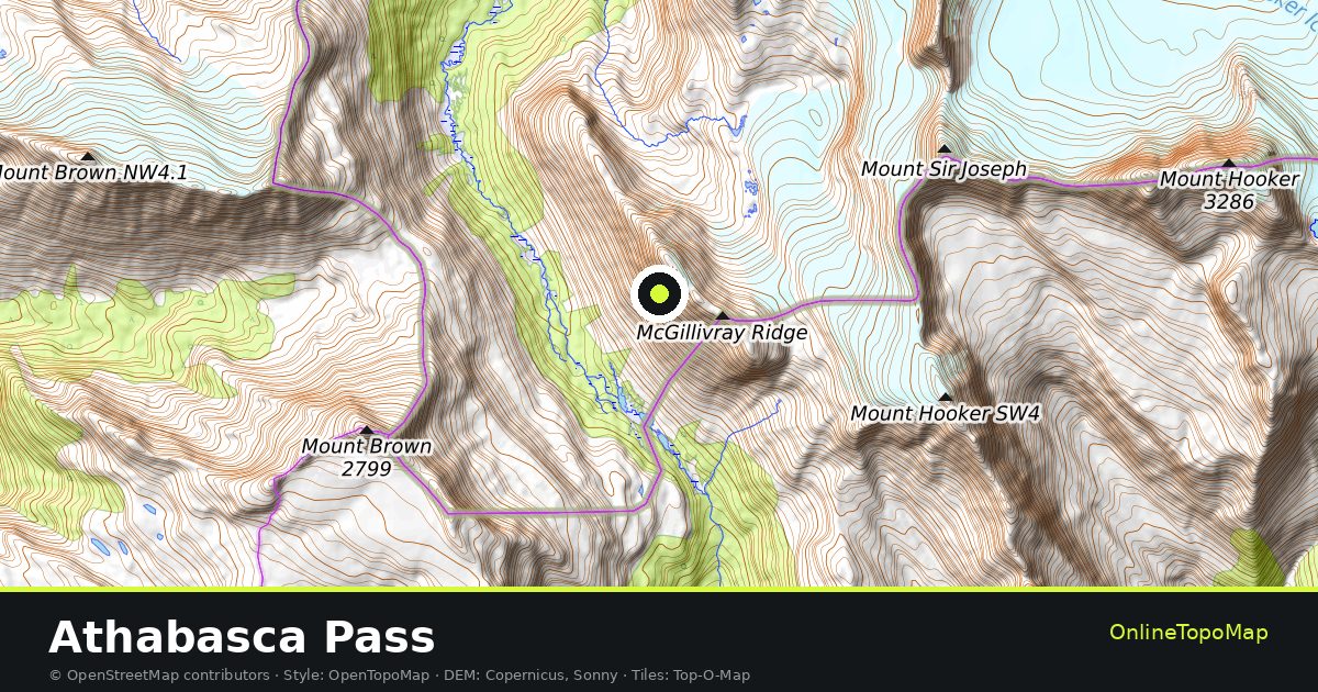 Topographic map of Athabasca Pass with contour lines and hillshading