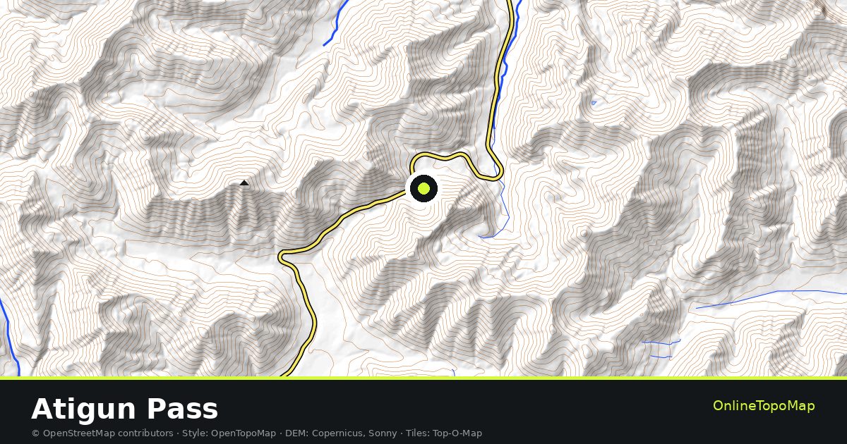 Topographic map of Atigun Pass with contour lines and hillshading