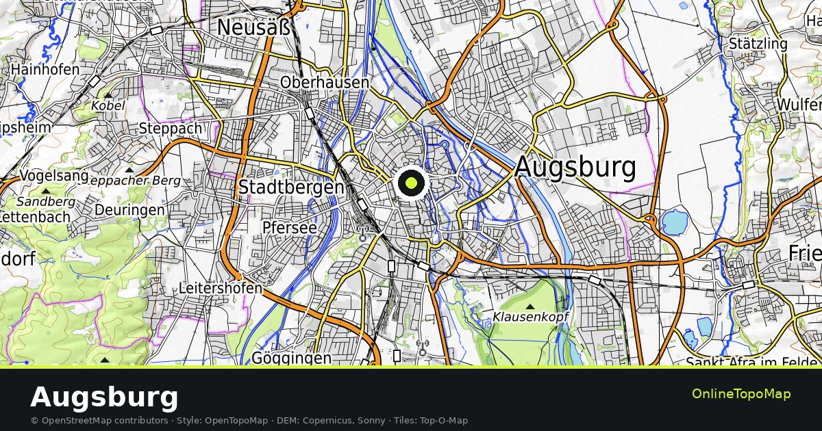 Topographic map of Augsburg with contour lines and hillshading