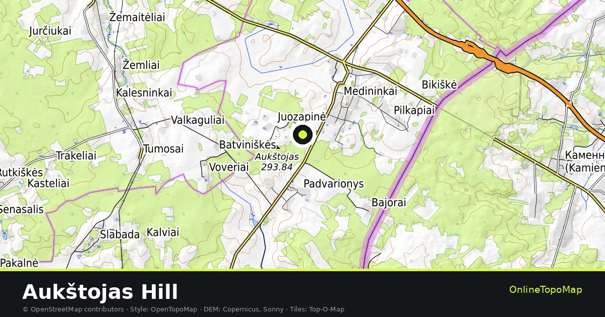 Topographic map of Aukštojas Hill with contour lines and hillshading