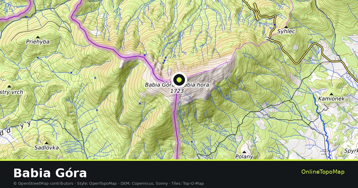 Topographic map of Babia Góra with contour lines and hillshading
