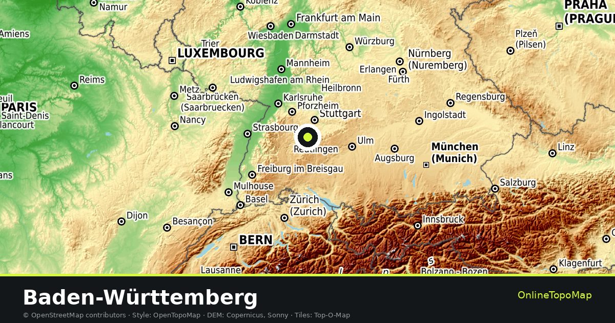 Topographic map of Baden-Württemberg with contour lines and hillshading