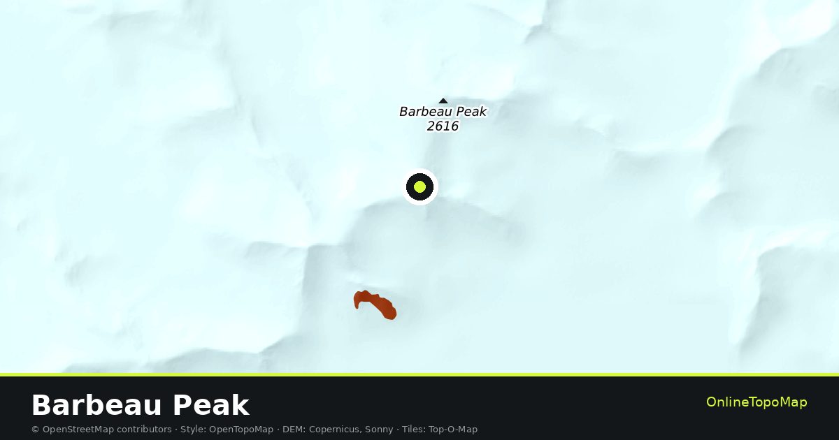 Topographic map of Barbeau Peak with contour lines and hillshading