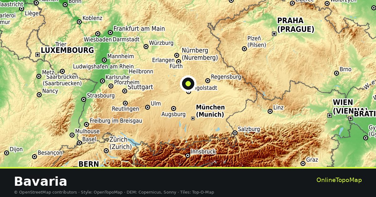 Topographic map of Bavaria with contour lines and hillshading