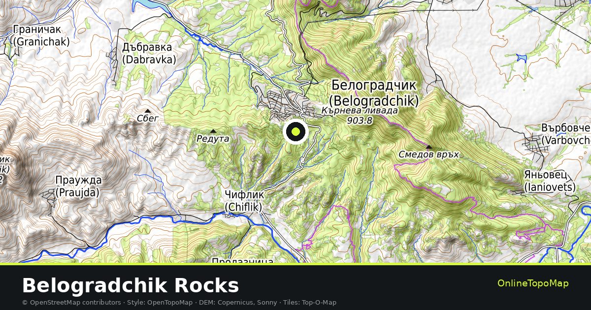 Topographic map of Belogradchik Rocks with contour lines and hillshading