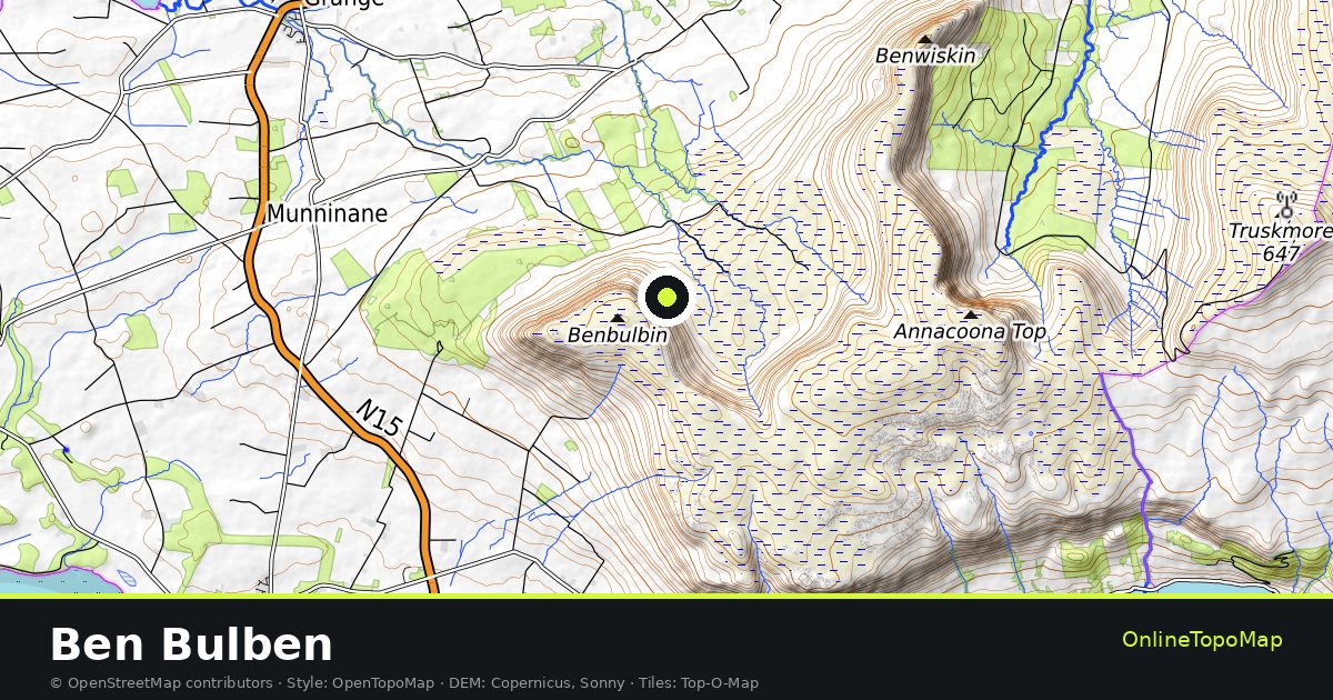 Topographic map of Ben Bulben with contour lines and hillshading