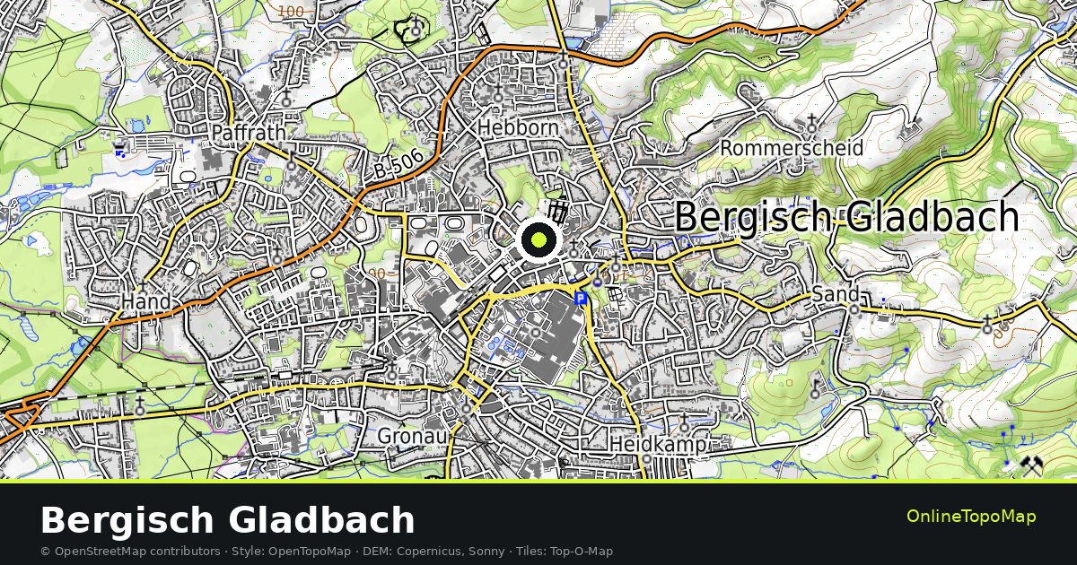 Topographic map of Bergisch Gladbach with contour lines and hillshading