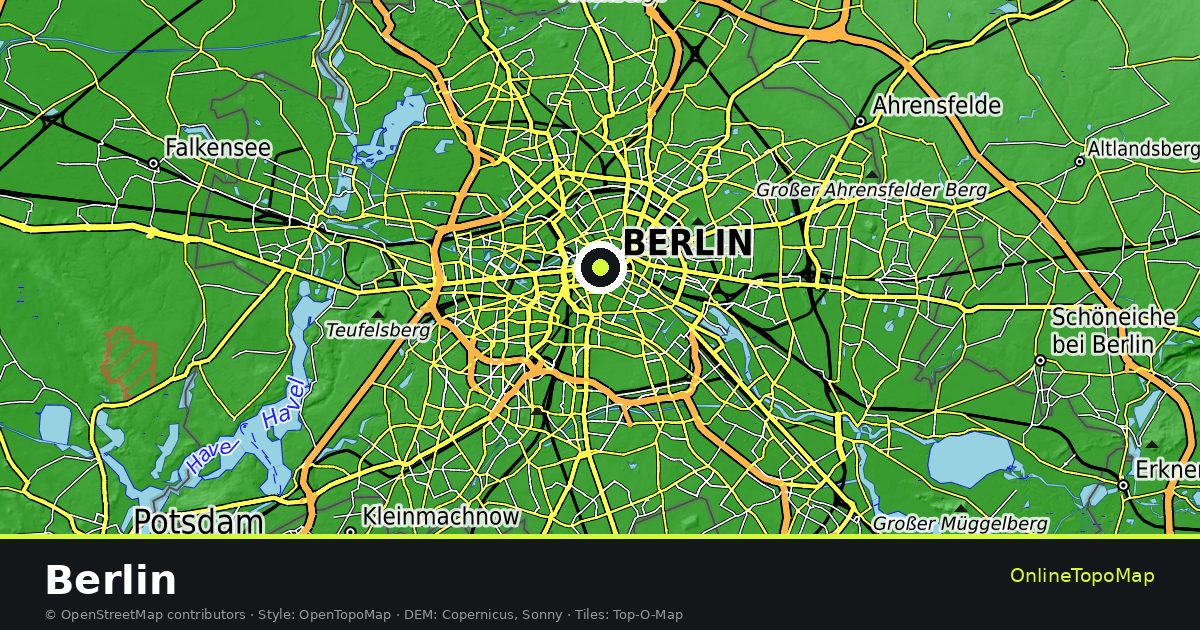 Topographic map of Berlin with contour lines and hillshading