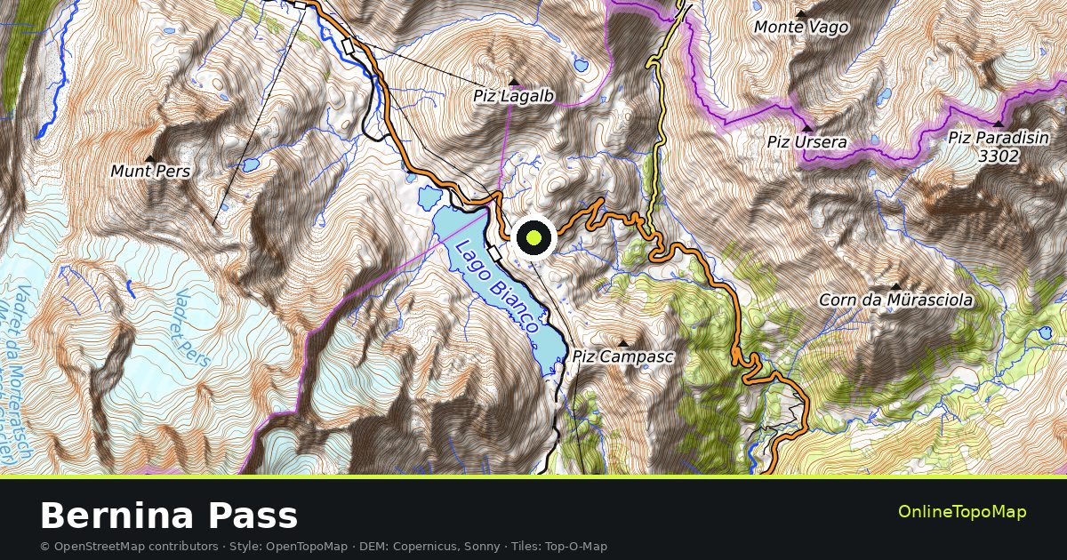 Topographic map of Bernina Pass with contour lines and hillshading