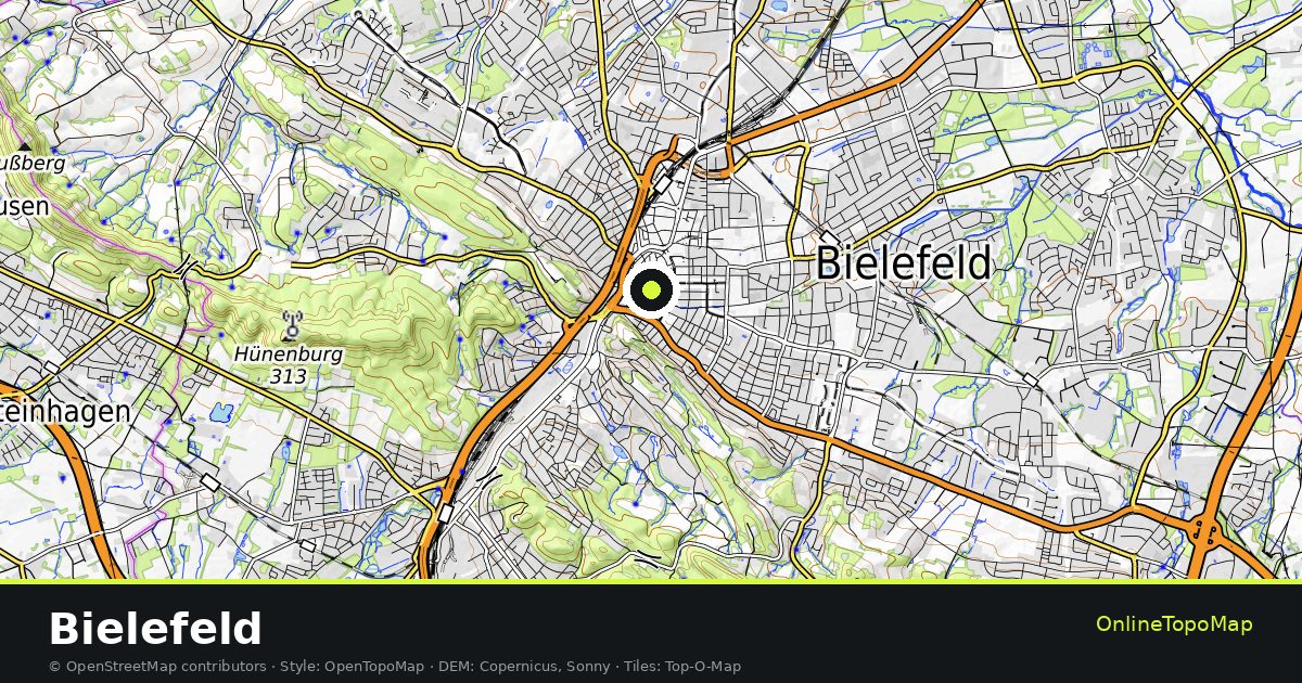 Topographic map of Bielefeld with contour lines and hillshading