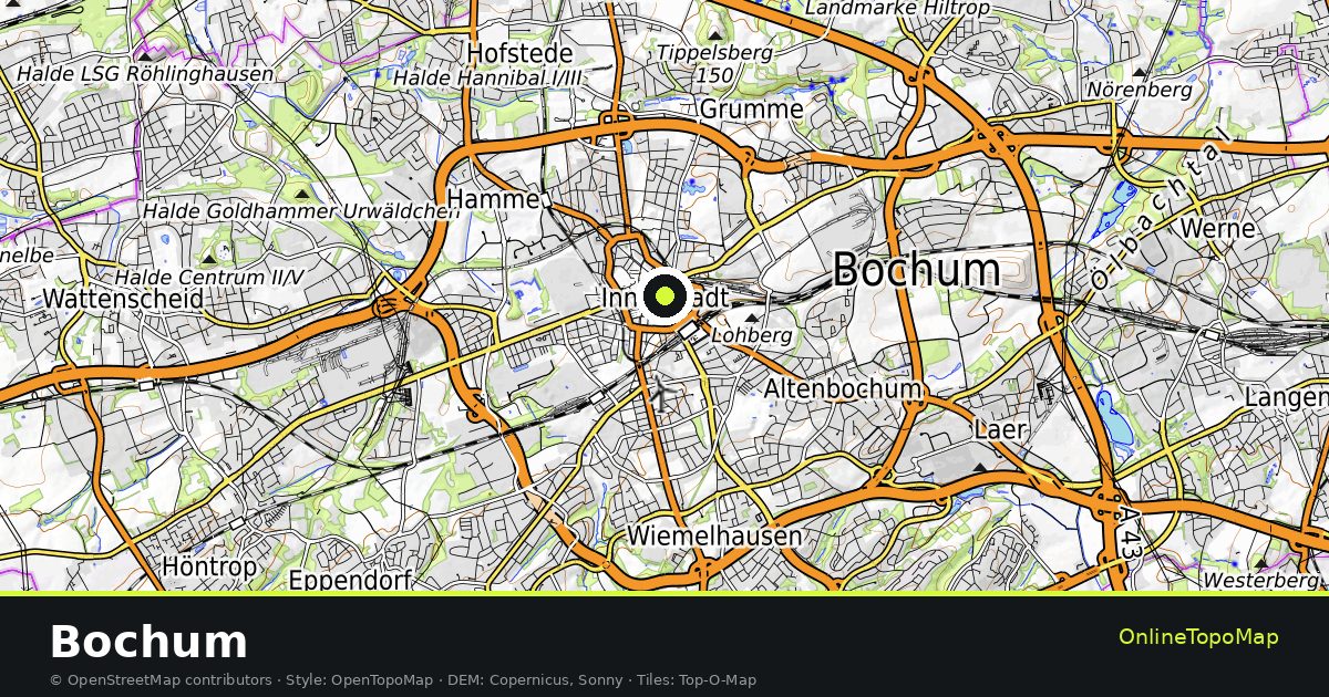 Topographic map of Bochum with contour lines and hillshading