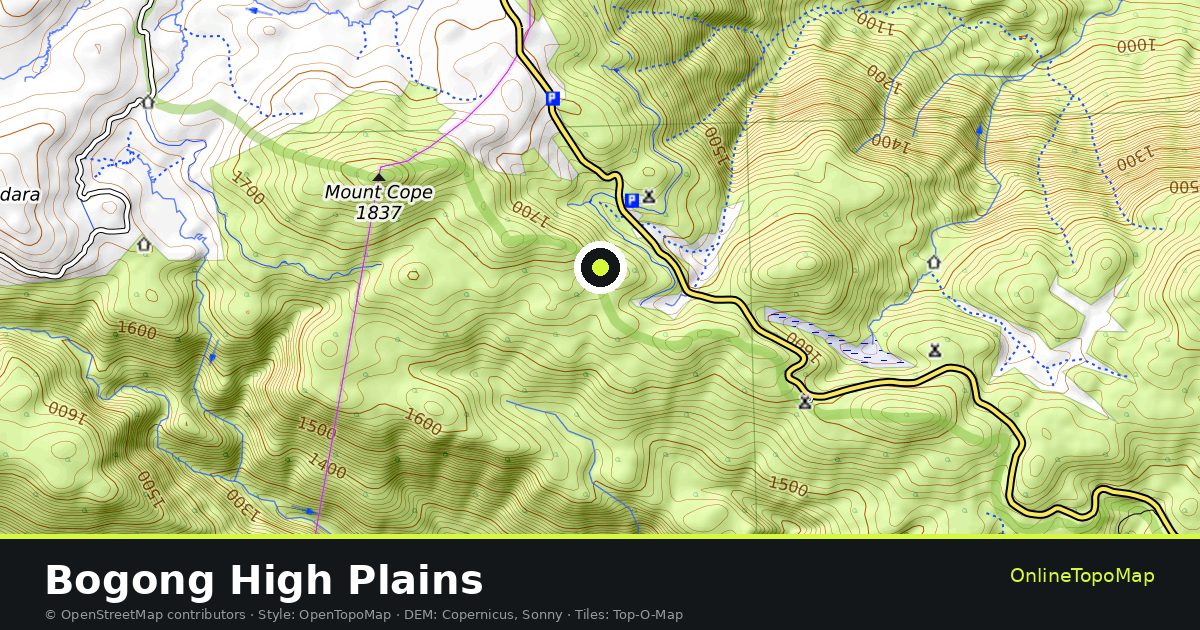 Topographic map of Bogong High Plains with contour lines and hillshading