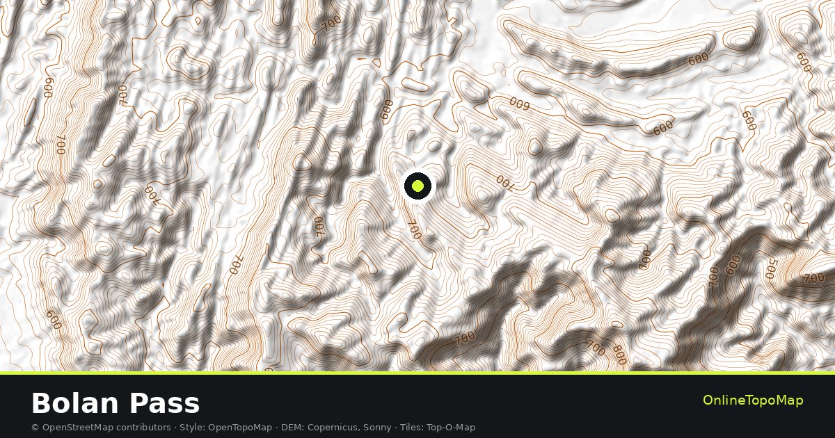 Topographic map of Bolan Pass with contour lines and hillshading