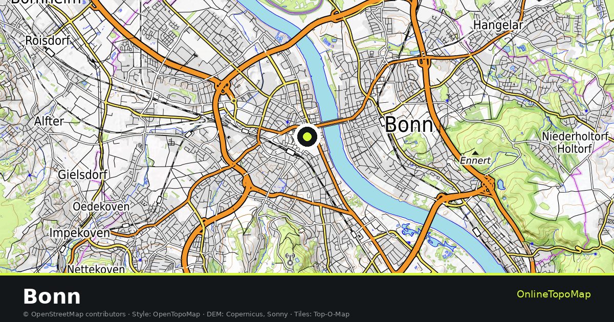 Topographic map of Bonn with contour lines and hillshading