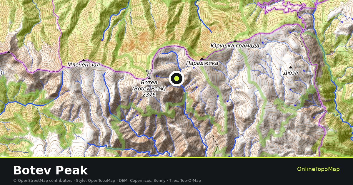 Topographic map of Botev Peak with contour lines and hillshading