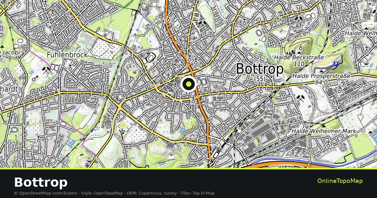 Topographic map of Bottrop with contour lines and hillshading