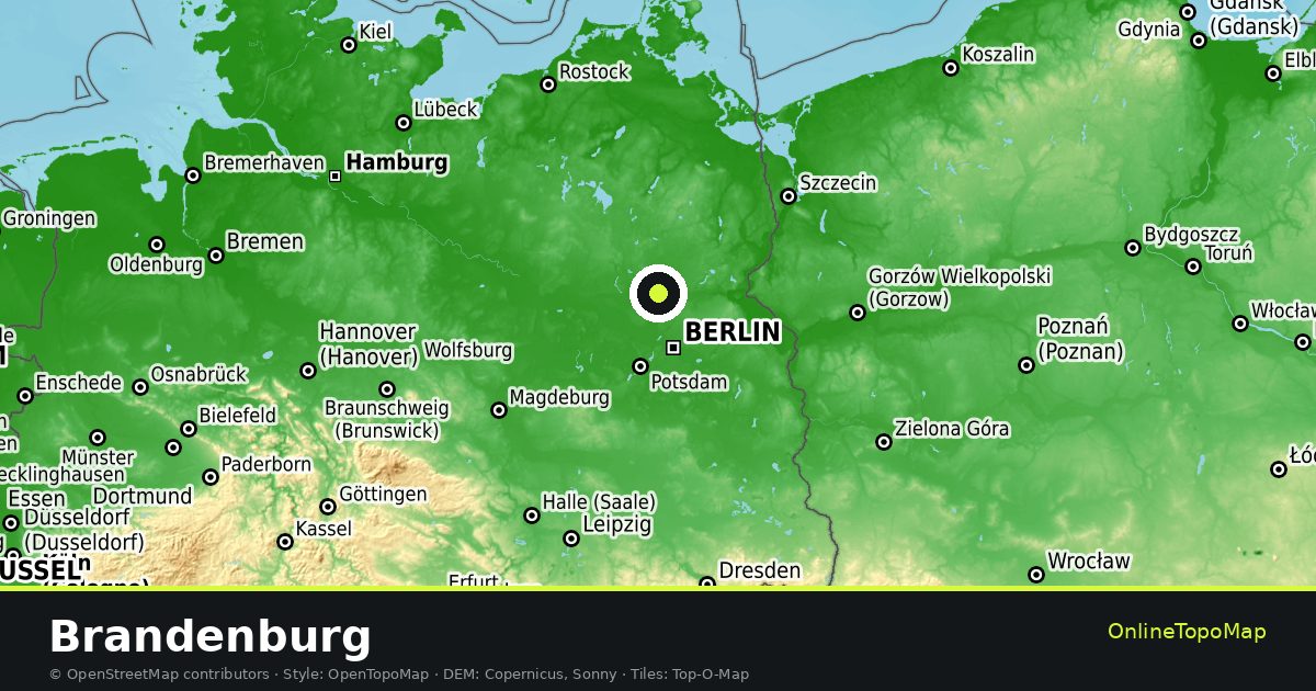 Topographic map of Brandenburg with contour lines and hillshading