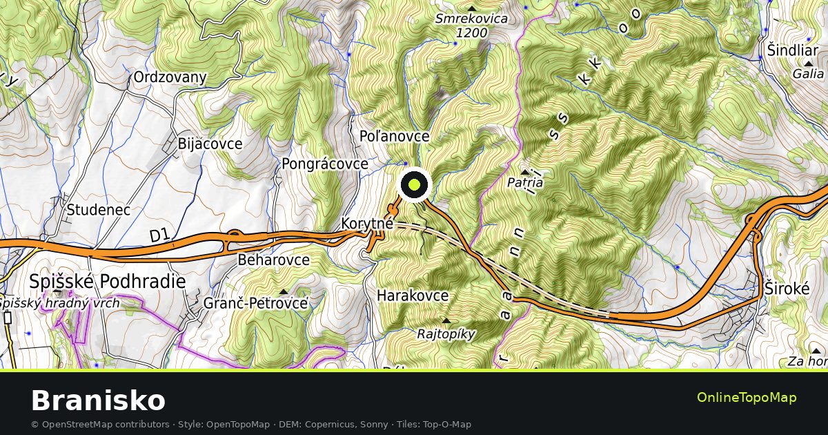 Topographic map of Branisko with contour lines and hillshading