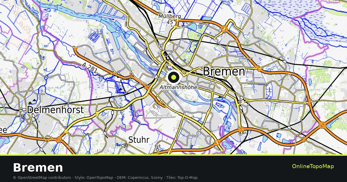 Topographic map of Bremen with contour lines and hillshading