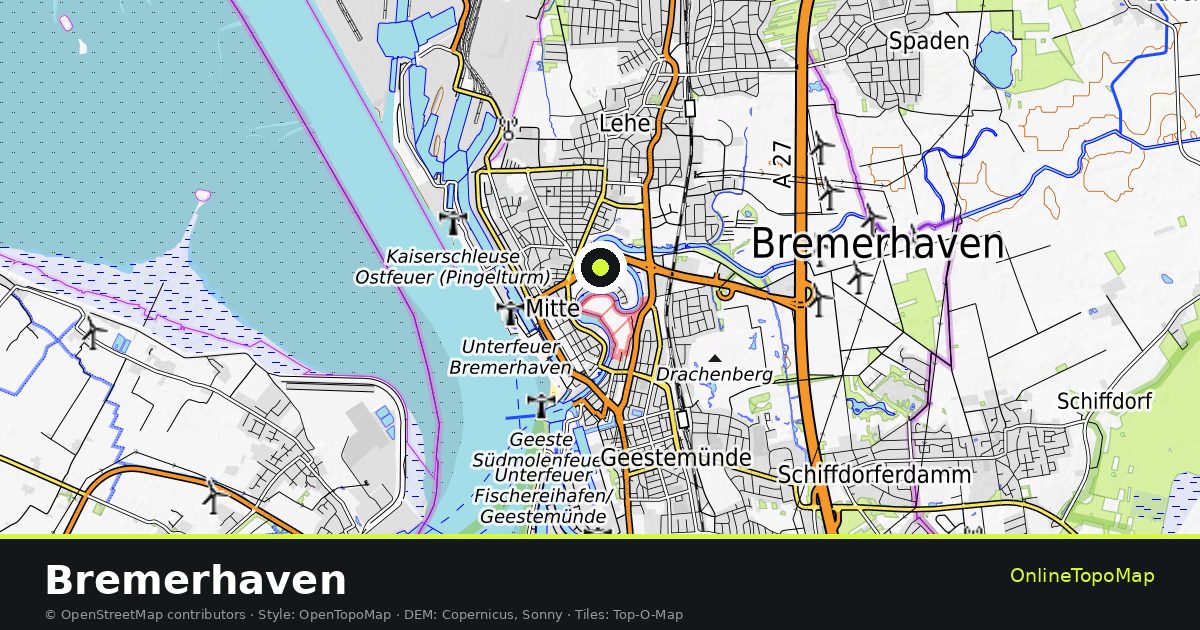 Topographic map of Bremerhaven with contour lines and hillshading