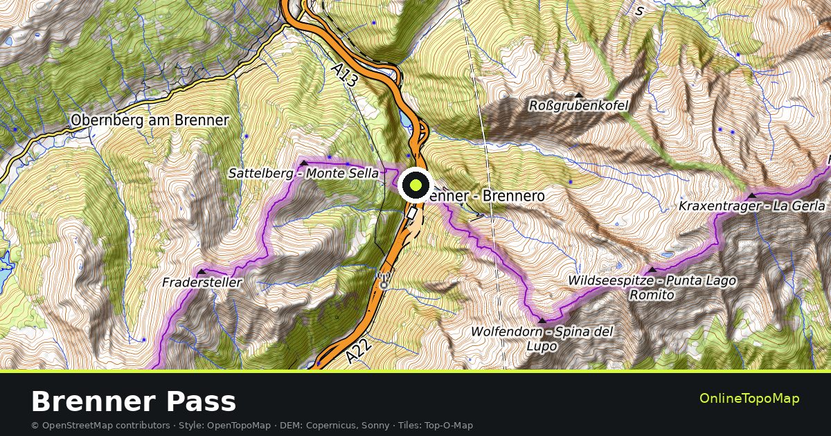 Topographic map of Brenner Pass with contour lines and hillshading