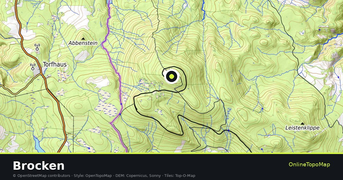 Topographic map of Brocken with contour lines and hillshading