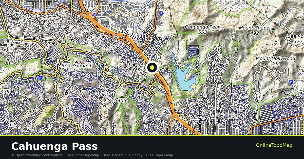 Topographic map of Cahuenga Pass with contour lines and hillshading