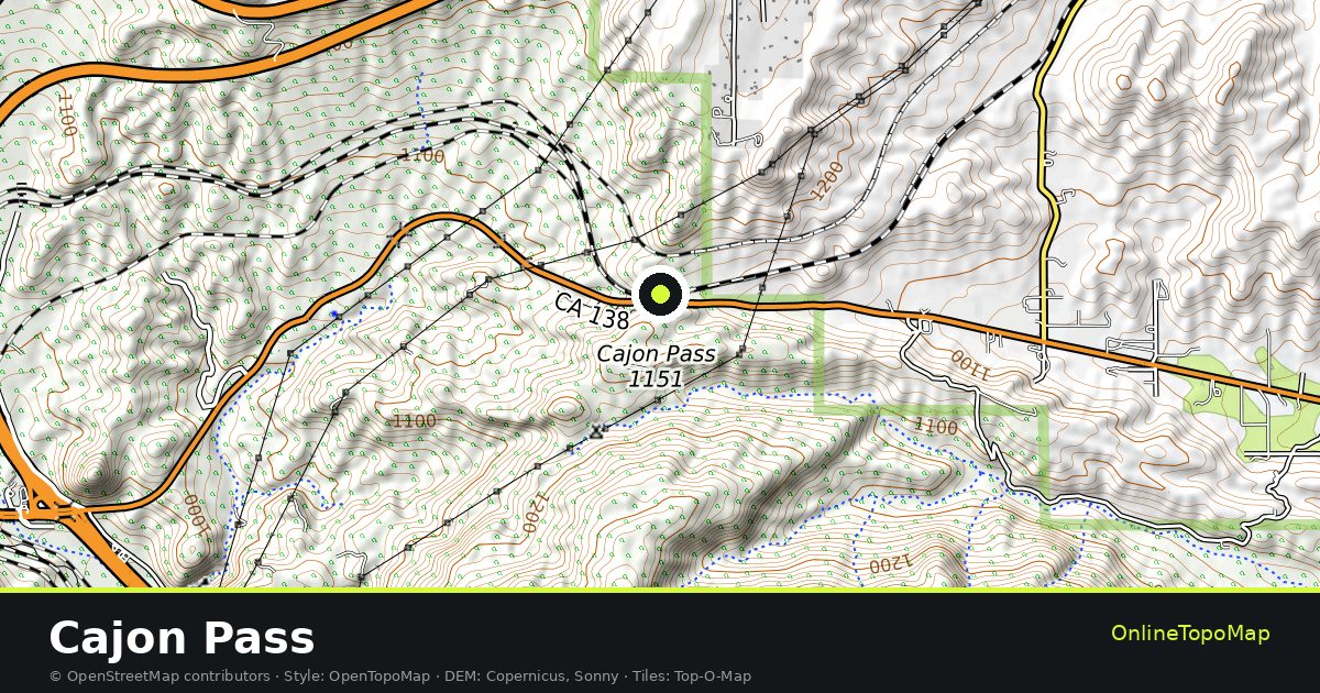 Topographic map of Cajon Pass with contour lines and hillshading