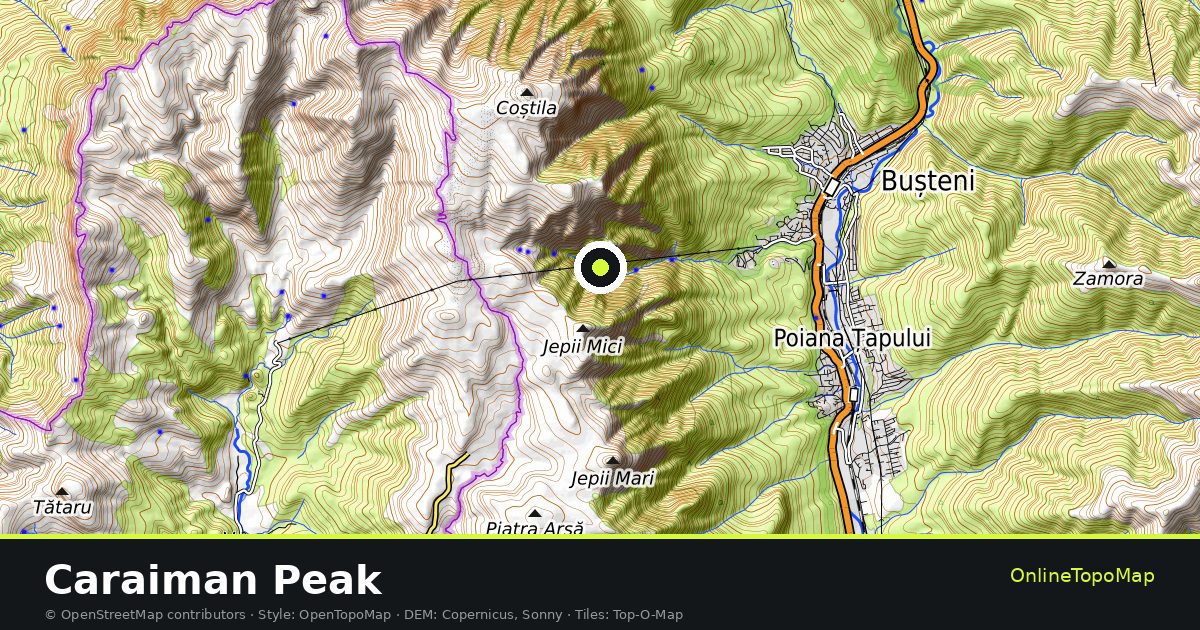Topographic map of Caraiman Peak with contour lines and hillshading