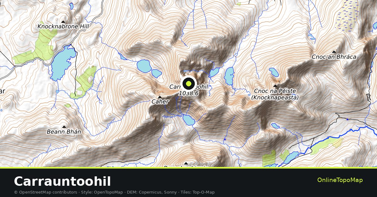 Topographic map of Carrauntoohil with contour lines and hillshading