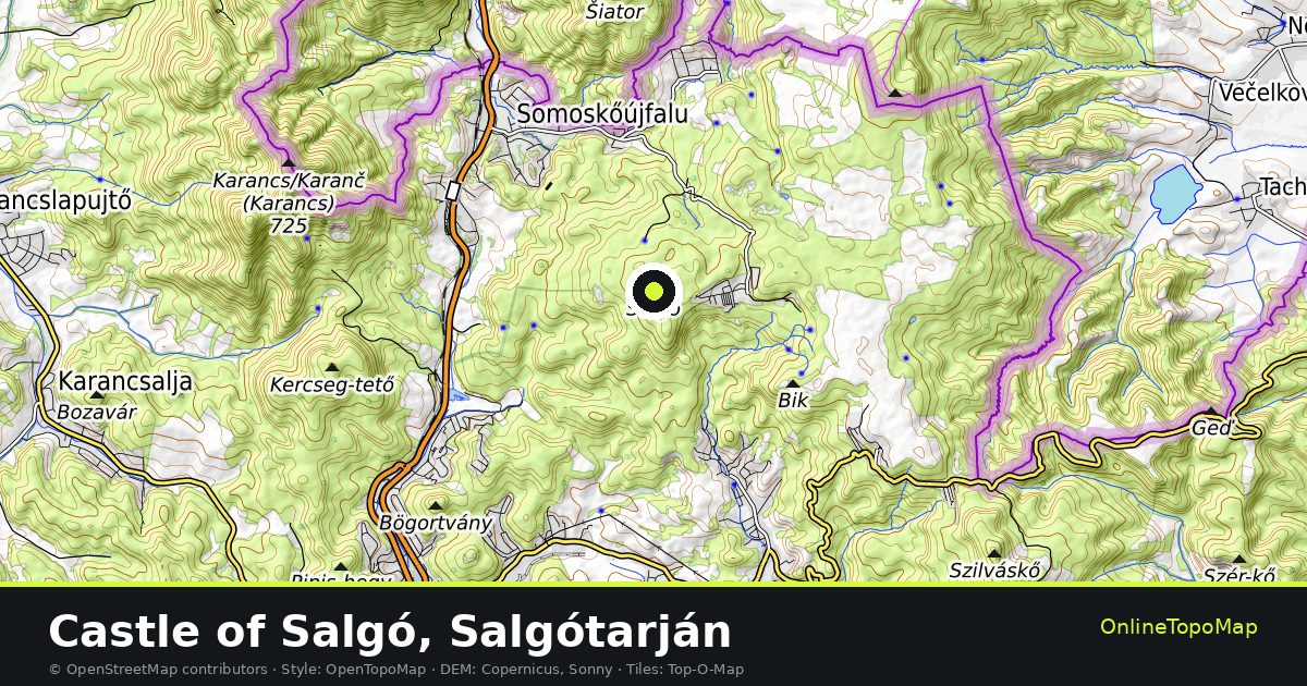 Topographic map of Castle of Salgó, Salgótarján with contour lines and hillshading