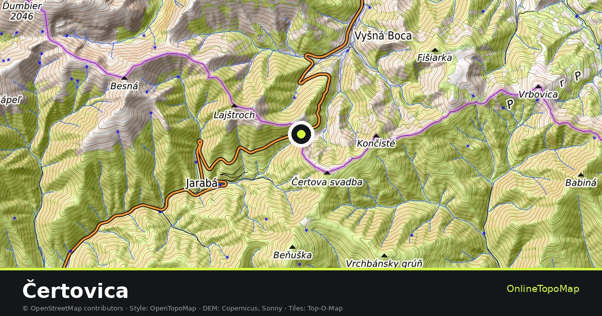 Topographic map of Čertovica with contour lines and hillshading