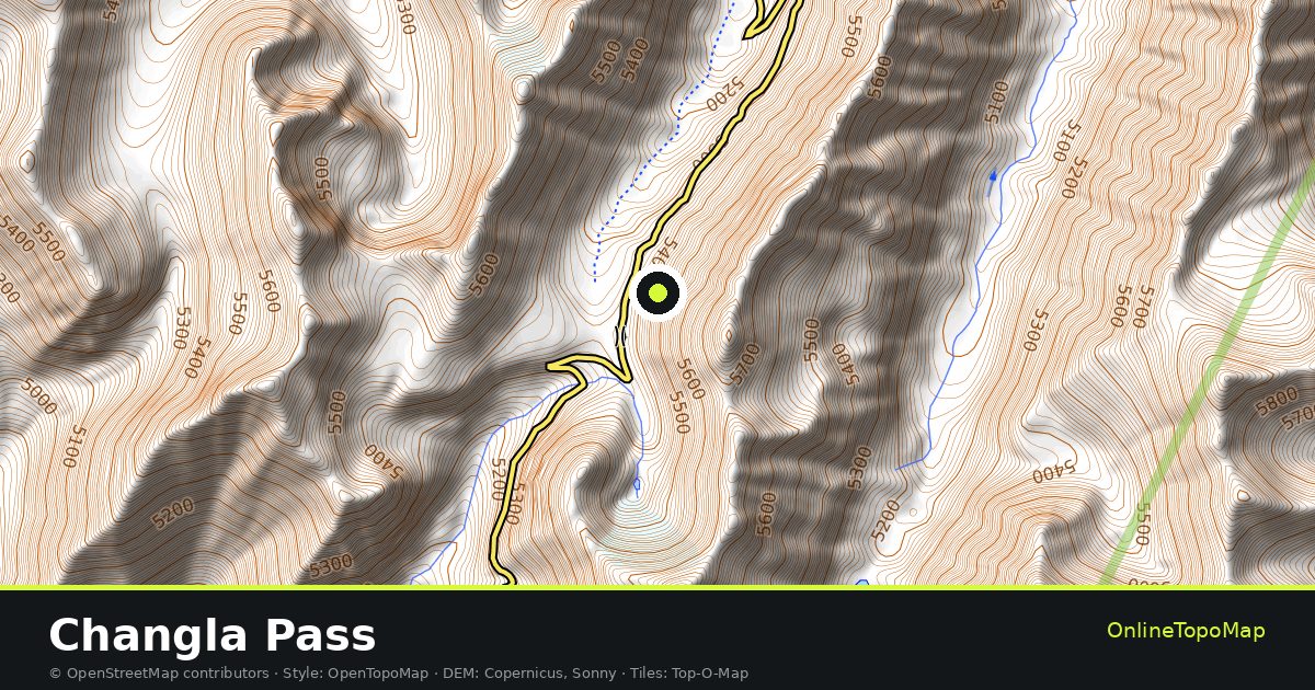 Topographic map of Changla Pass with contour lines and hillshading