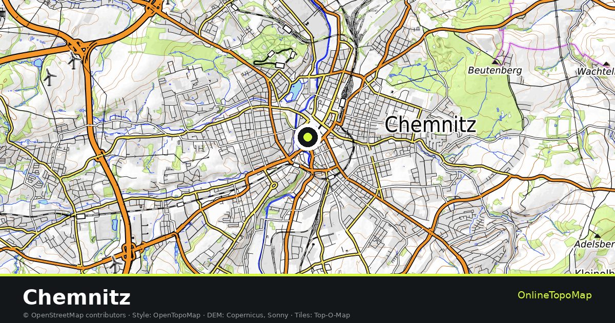 Topographic map of Chemnitz with contour lines and hillshading
