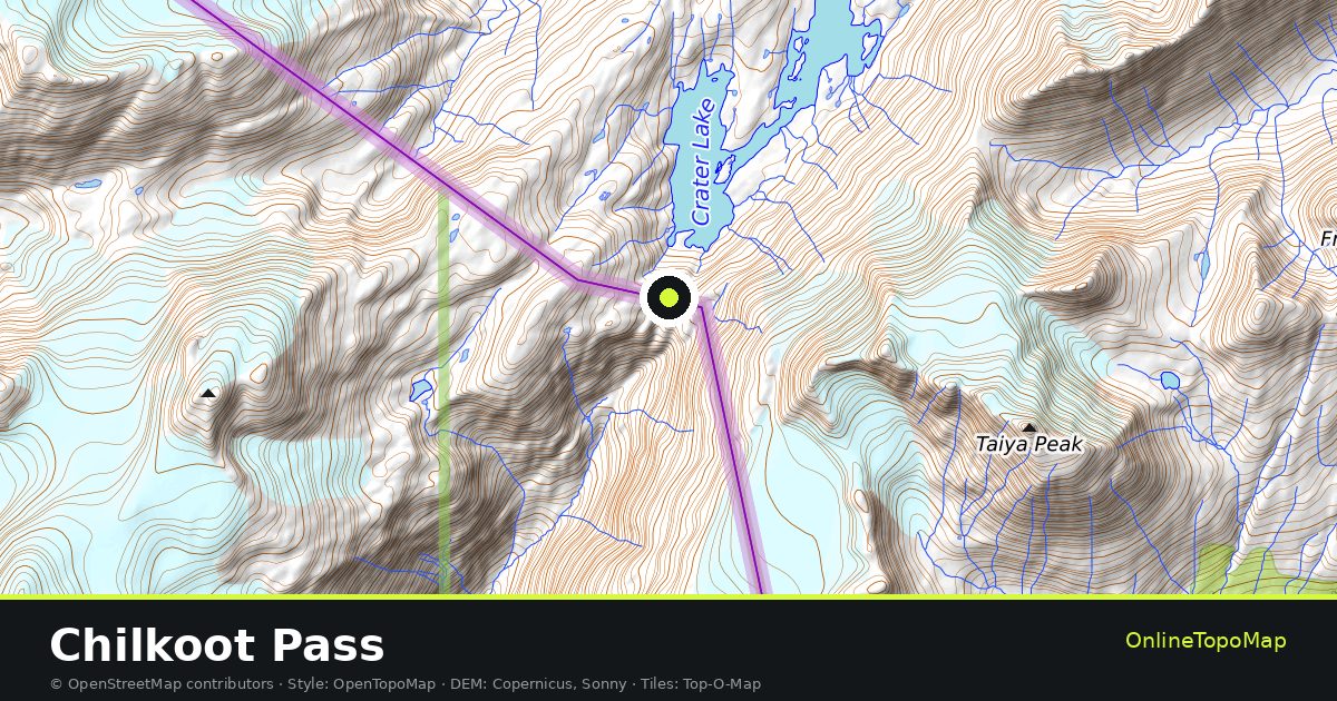 Topographic map of Chilkoot Pass with contour lines and hillshading